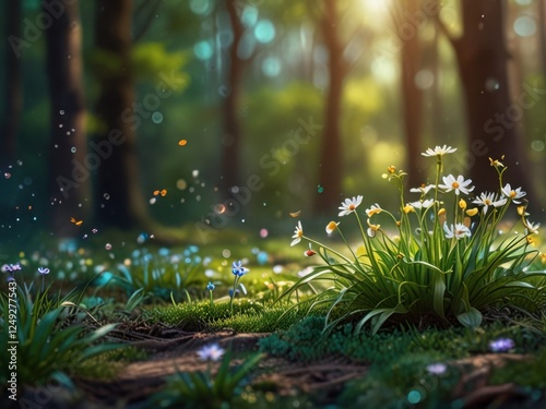 Beautiful firefly in the night at nature forest. Spring banner, spring update concept