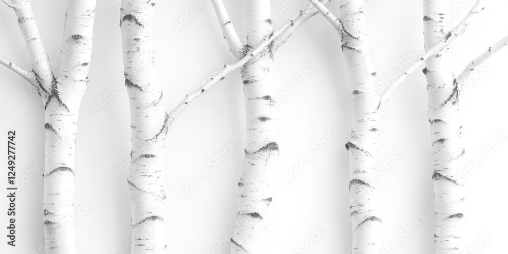Fototapeta premium Six white birch trees standing together with detailed bark textures.