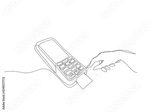 Continuous one line drawing of a hand using an EDC machine. Minimalist vector for payment, transaction, and finance concepts. vector illustration, Editable stroke