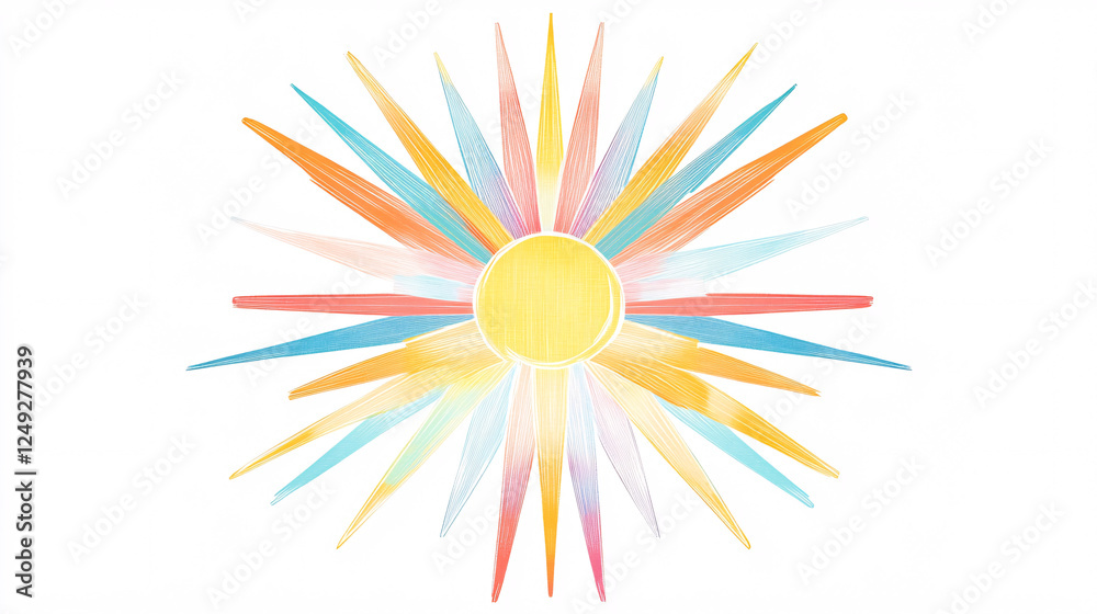 A stylized sunburst with a bright yellow core and colorful extended rays creating a balanced and artistic radial composition
A stylized sunburst with a bright yellow core and colorful extended rays creating a balanced and artistic radial composition