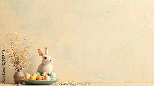 A minimalist Easter background with an Easter bunny and colored eggs against a pastel beige wall, with ample copy space for text. Clean, sharp focus. Horizontal web banner for social media, desktop.  photo