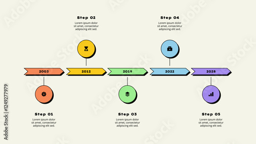 Five horizontal circle elements. Concept of 5 options of business development process. Timeline vector illustration. Neobrutalism infographic template