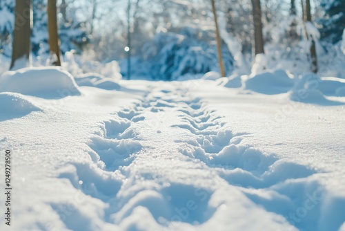 Snowy path in winter forest. Possible use Stock photo photo