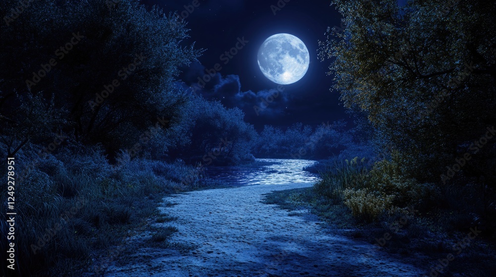 Fototapeta premium Nighttime forest scene with the moon over a calm river reflecting trees and sky.