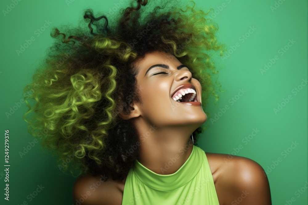 Fototapeta premium Green Fashion Beauty: Laughing Black Woman in Studio with Vibrant Makeup and Chic Clothing on Wall Background