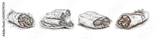 Hand draw set with shawarma. Vector illustration. Fast food.