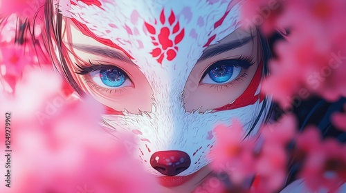 Anime girl wearing kitsune mask with cherry blossoms in ethereal light photo