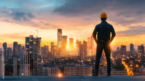 A construction worker, wearing a yellow helmet, stands on a rooftop overlooking a sprawling cityscape. The sun is setting in the background, casting a warm glow over the city.