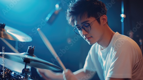 Asian drummer guy plays drums. Bright blue stage light, musical energy. Focused on rhythm, hands hold drumsticks. Live music performance. Kpop band at concert. K pop song musician. Fun teen leisure. photo