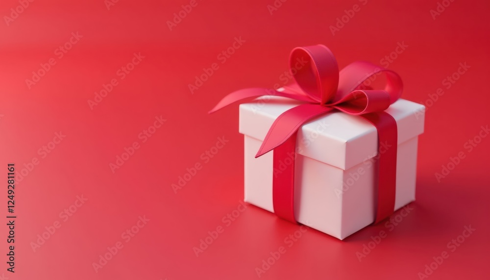 Fototapeta premium Elegant white gift box with red ribbon on a matching red background, Celebration