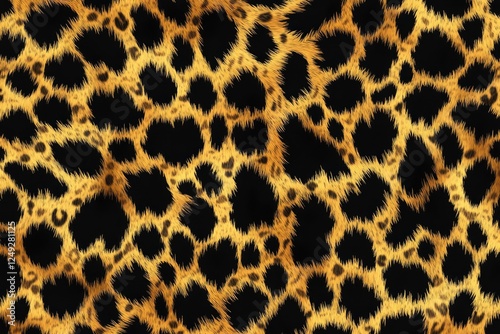 A close up of a furry animal with a pattern of brown and black spots. The fur is thick and coarse, giving the animal a wild and untamed appearance. The pattern of the spots is irregular