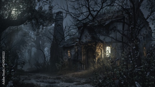 Mysterious abandoned house in the middle of a dark forest on a rainy night