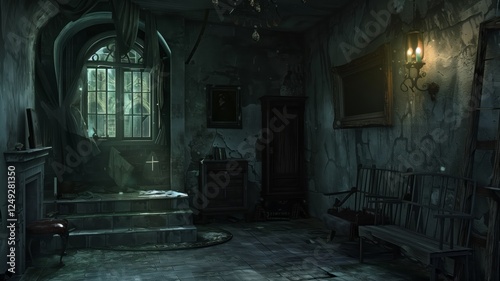 Dark abandoned interior of an old house with broken furniture and peeling walls