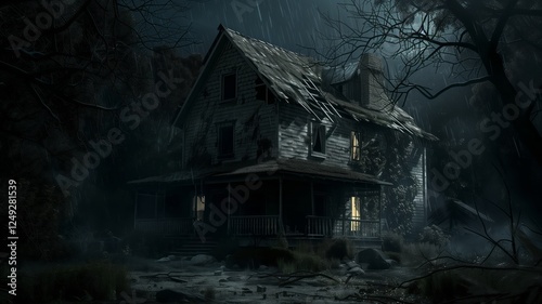 An old, abandoned cottage stands in a misty forest, covered in ivy and surrounded by overgrown vegetation