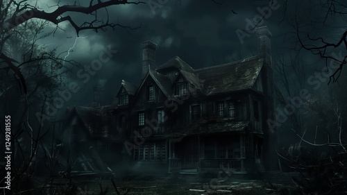 An old, abandoned cottage stands in a misty forest, covered in ivy and surrounded by overgrown vegetation