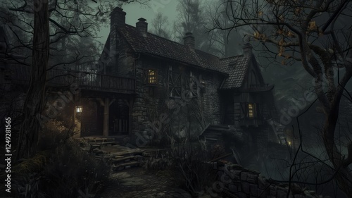 An old, abandoned cottage stands in a misty forest, covered in ivy and surrounded by overgrown vegetation