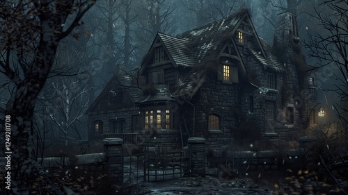 An old wooden cabin stands in a misty forest, surrounded by overgrown