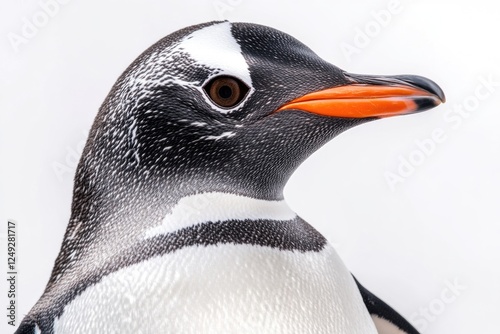 This is a close-up image of a penguin, showcasing its features with sharp detail and vivid colors. The bird has a distinct black and white plumage which is typical for this species. photo