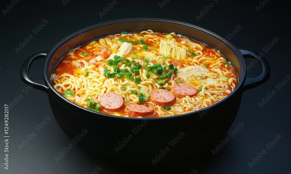 Spicy noodle soup in pot, dark background, delicious meal, food photography, stock image Spicy noodle soup in pot, dark background, delicious meal, food photography, stock image