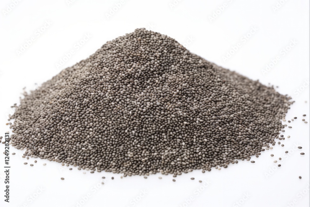 Healthy Chia Seed Pile on White Background with Copy Space - Nutritious Food Concept Healthy Chia Seed Pile on White Background with Copy Space - Nutritious Food Concept