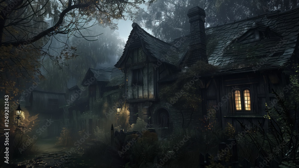An old abandoned house stands in a dark, eerie landscape, surrounded by dead trees and overgrown vegetation