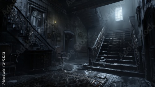 An old abandoned house stands in a dark, eerie landscape, surrounded by dead trees and overgrown vegetation