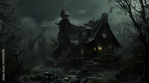 An old wooden house stands in the rain, surrounded by overgrown vegetation and a broken