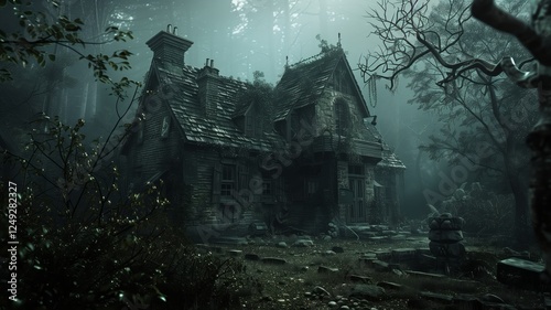 A decaying wooden mansion stands in a foggy forest under a full moon, surrounded