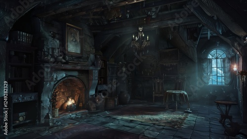 A decaying wooden mansion stands in a foggy forest under a full moon, surrounded