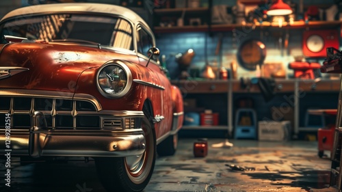 A restored vintage car with gleaming headlights is parked