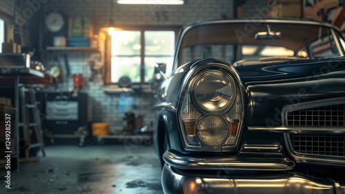 A restored vintage car with gleaming headlights is parked