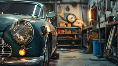 A weathered vintage car with faded red paint sits inside a cluttered garage