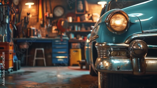 A restored vintage car with gleaming headlights is parked