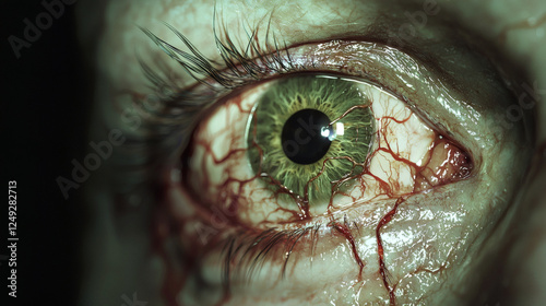 Close up of a human eye with blood stains on the eyelid and surrounding skin