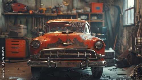 A restored vintage blue coupe is parked in a well-equipped garage, surrounded