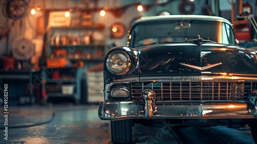 A restored vintage blue coupe is parked in a well-equipped garage, surrounded