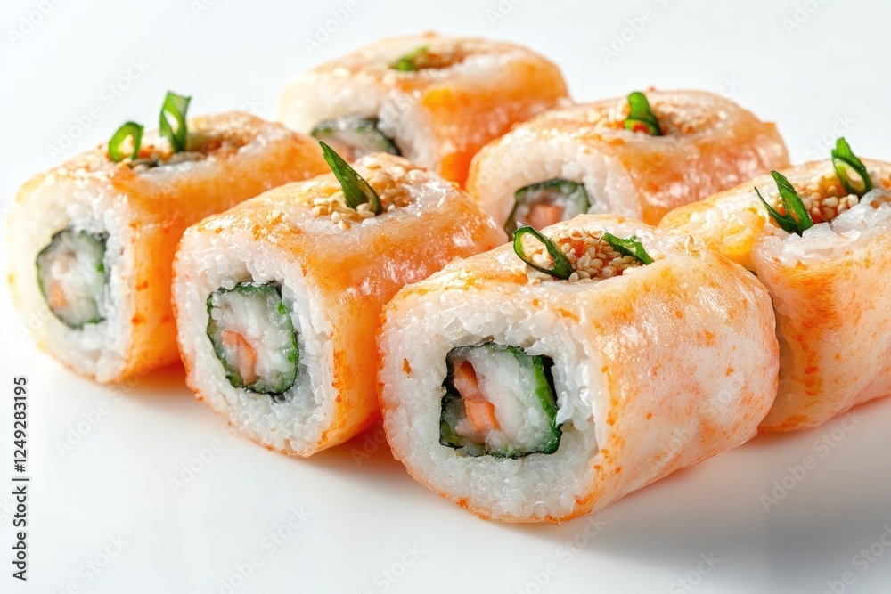 Colorful, delicious sushi rolls with seaweed and wasabi topping. A popular choice for a healthy and filling snack. Colorful, delicious sushi rolls with seaweed and wasabi topping. A popular choice for a healthy and filling snack.
