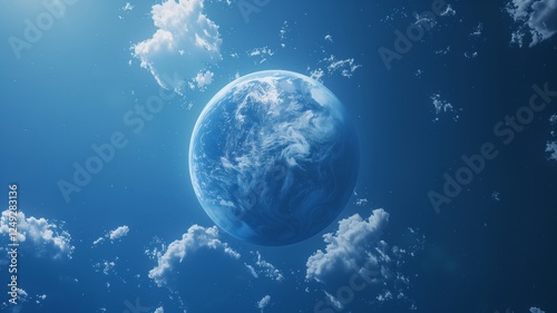 Floating blue planet surrounded by scattered clouds against a deep cosmic sky