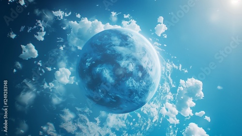 Massive planet enveloped in thick, billowing clouds, floating in a celestial blue sky