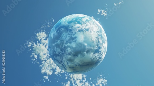 A massive blue planet rises above soft, floating clouds in a bright sky