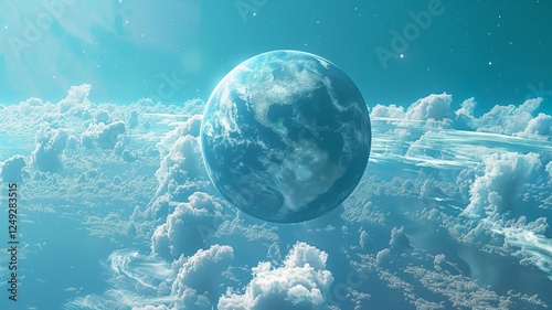 A vibrant planet floats in deep space, surrounded by glowing clouds and distant stars