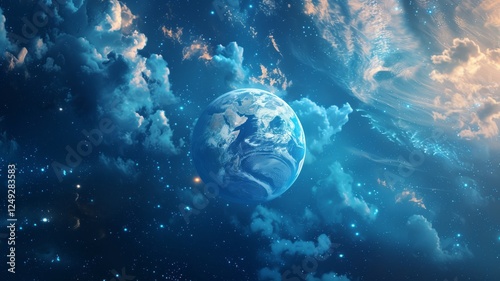 A vibrant planet floats in deep space, surrounded by glowing clouds and distant stars