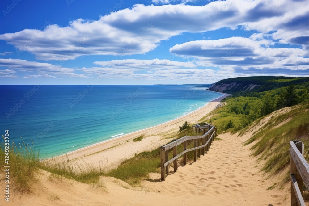 High-Coloured Northern Michigan: Overlooking Lake Michigan at Sleeping Bear Dunes on a Sunny Day with Colourful Sky in Empire