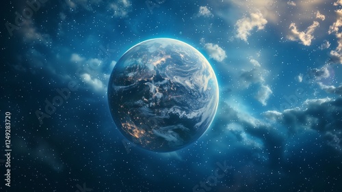 A luminous planet with swirling clouds and glowing city lights