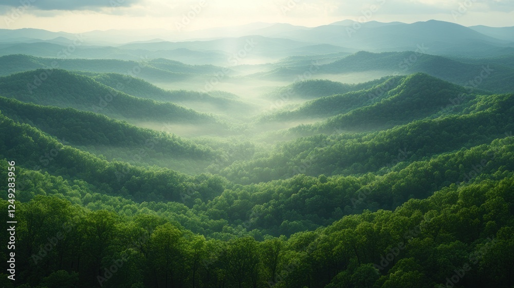 Obraz premium Misty sunrise over rolling green mountains