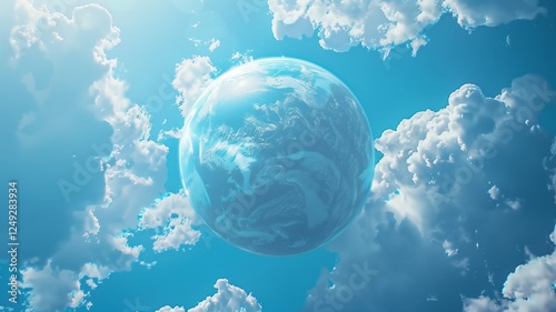 A majestic blue planet with swirling white clouds floats in a luminous sky