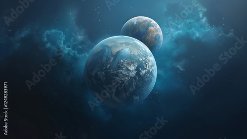 A majestic blue planet with swirling white clouds floats in a luminous sky