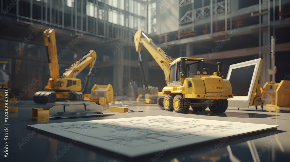 A modern construction scene with a tablet displaying 3D building plans, a yellow helmet, and a measuring tape on a sleek work surface A modern construction scene with a tablet displaying 3D building plans, a yellow helmet, and a measuring tape on a sleek work surface