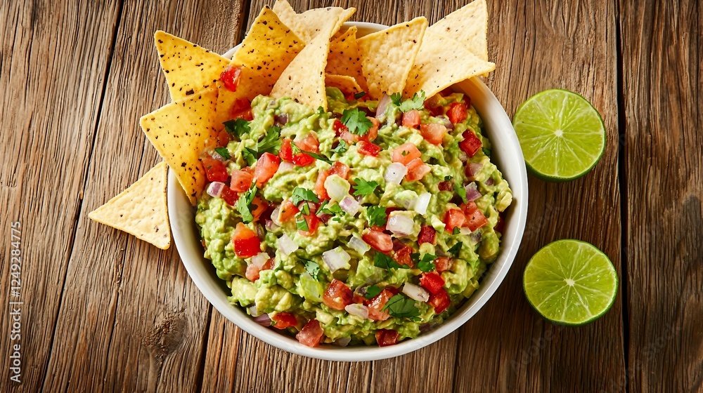 Fresh Guacamole with Tortilla Chips and Lime on Wooden Surface Fresh Guacamole with Tortilla Chips and Lime on Wooden Surface