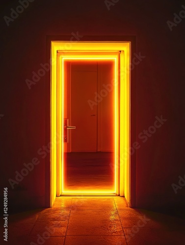 A dark corridor with a bright red glowing doorway.